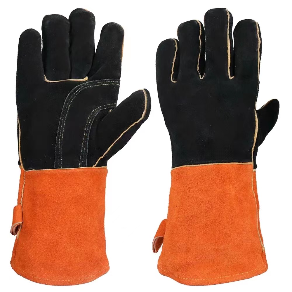 Guantes de soldadura de cuero, manoplas resistentes al calor, al fuego, para horno, chimenea, estufa, barbacoa, con manga larga