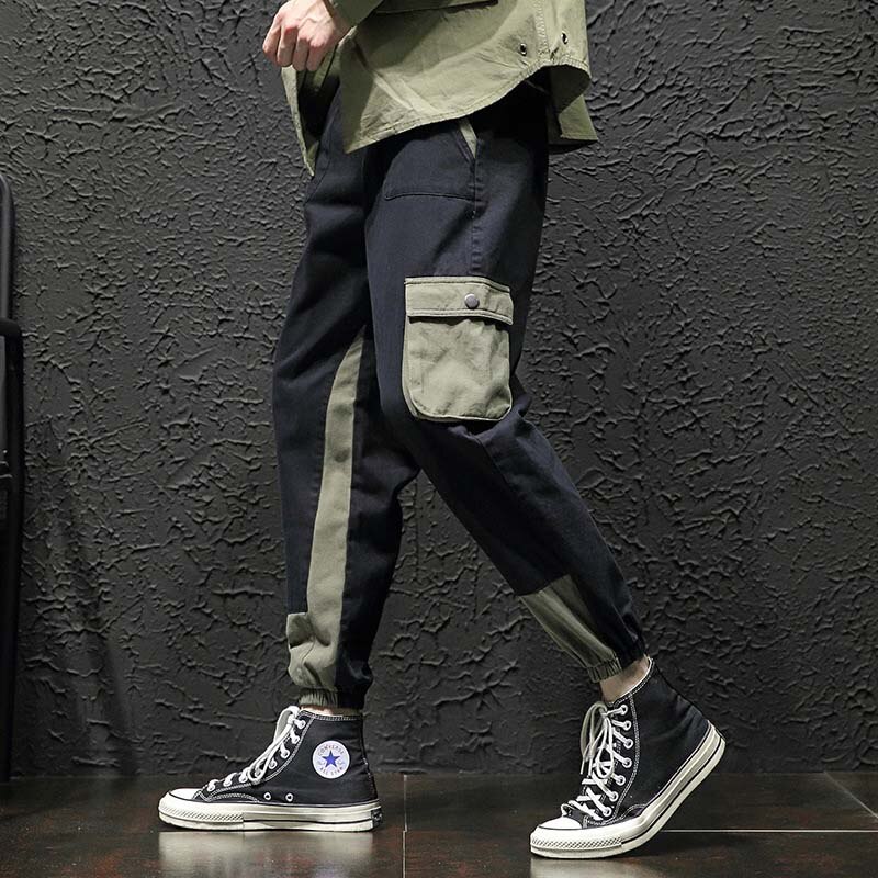 Utomhus 2019 vår höst patchwork overall last resår midja tonåringar spår lösa bomullsbyxor herr vandring vandringsbyxor: Svart / Xxl