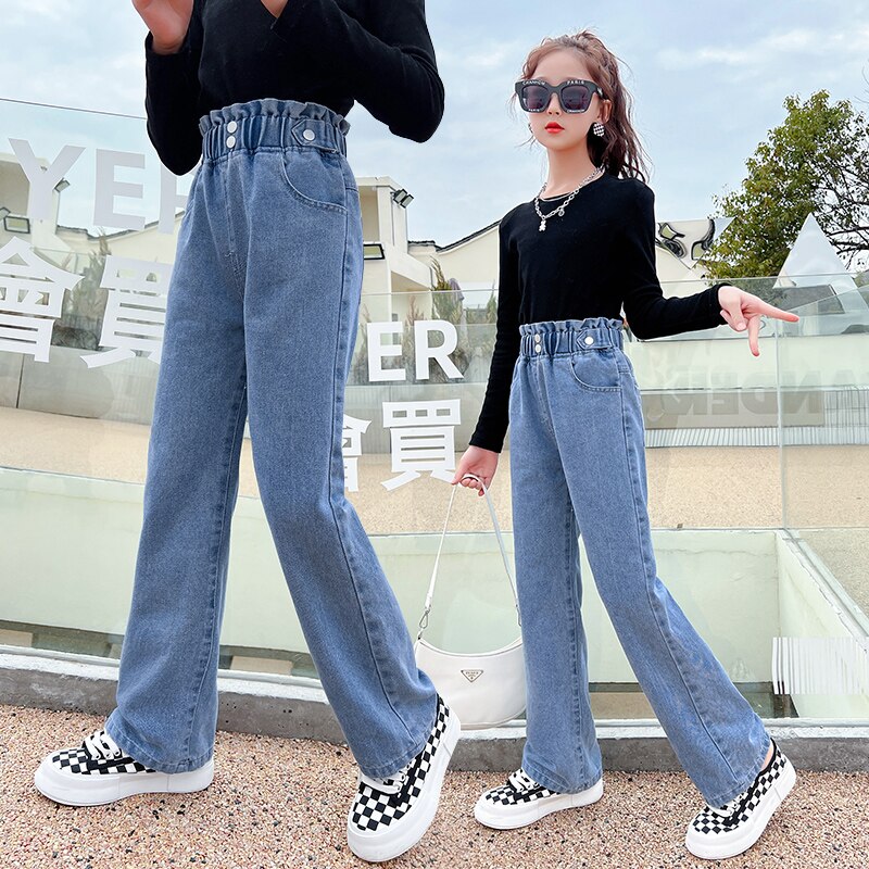 Pantalones vaqueros de cintura alta para niña adolescente, pantalón holgado informal de pierna ancha para Niño, 6, 8, 10, 12 y 14 años, primavera y otoño, 2022