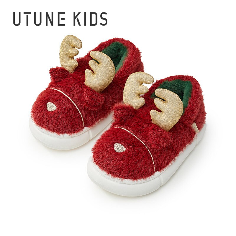 UTUNE Dzieci łoś Popatrz boże narodzenie zimowe dziecięce klapki futrzane klapki z motywem kreskówkowym 3 dziewczęce śliczne kapcie domowe EVA chłopcy śmieszne buty wewnętrzne: czerwony / 160mm(Fit 145-155mm)