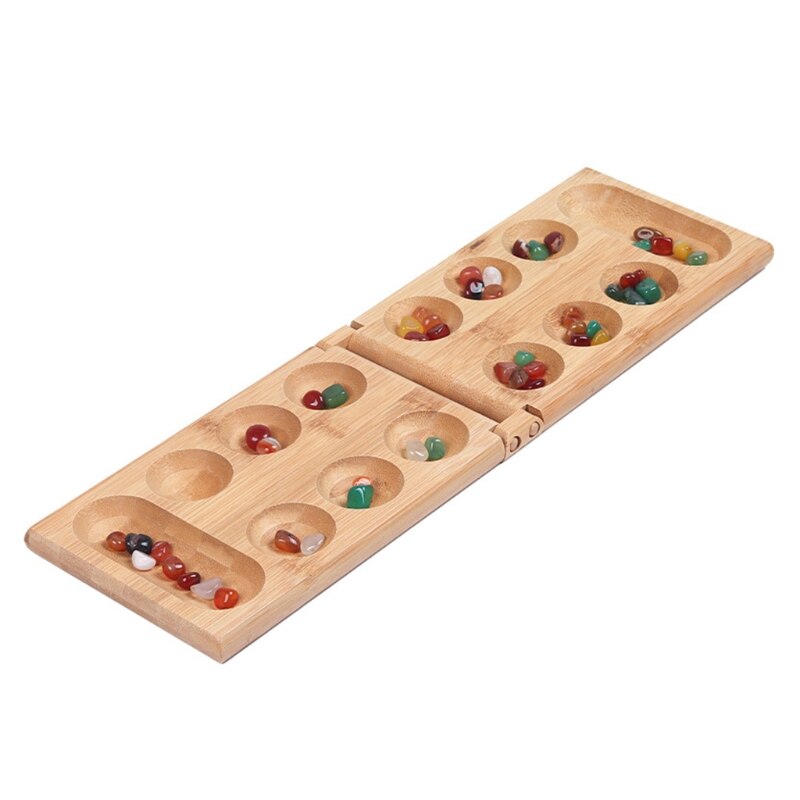 Mancala Board Game Met Kleurrijke Stenen Kiezels Vouwen Houten Board Schaakspel 77HD