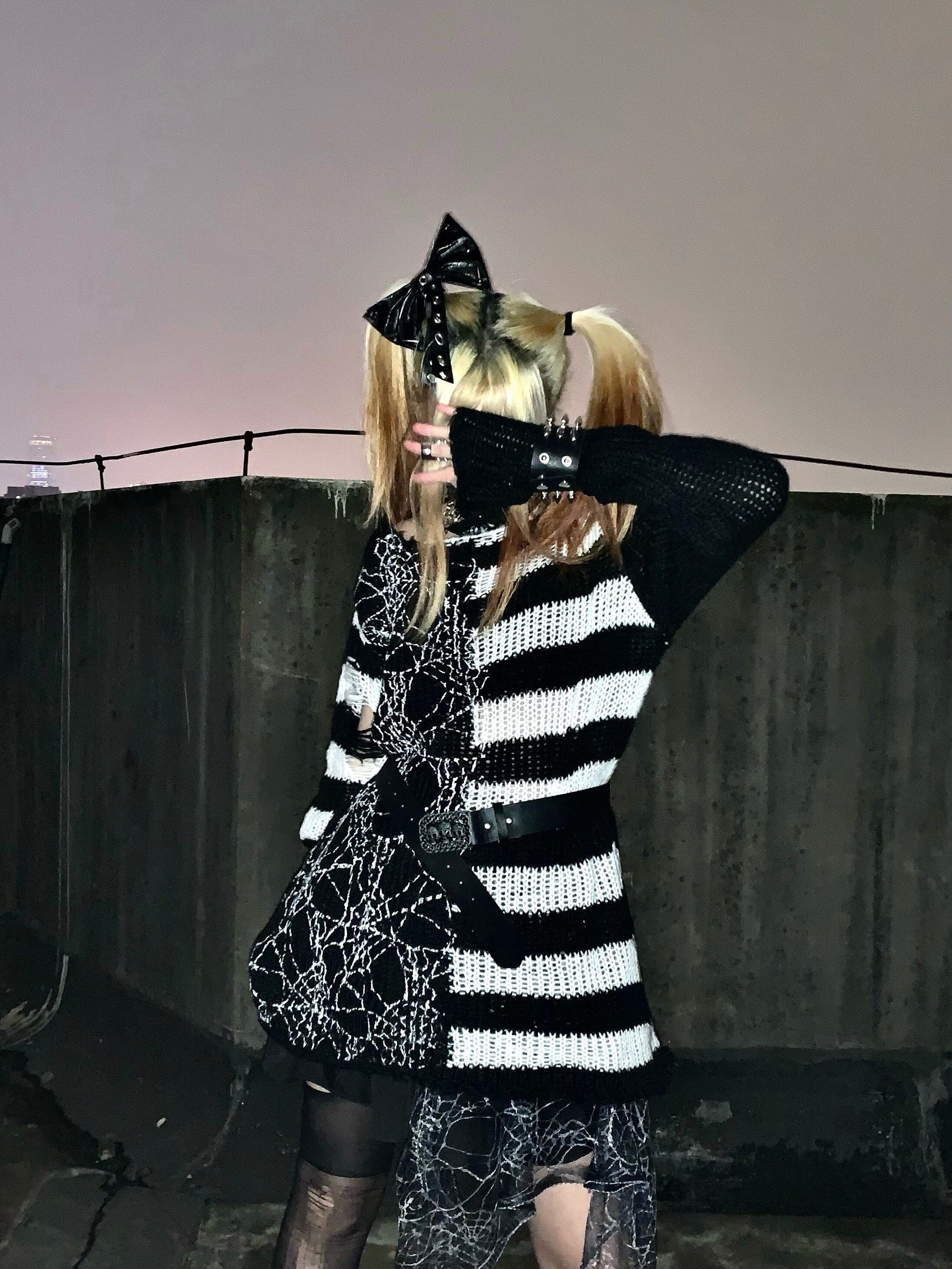 Gothic Punk Spider Patchwork Gestreepte Gebreide Trui Streetwear Lente Herfst Vrouwen Kleding: WHITE