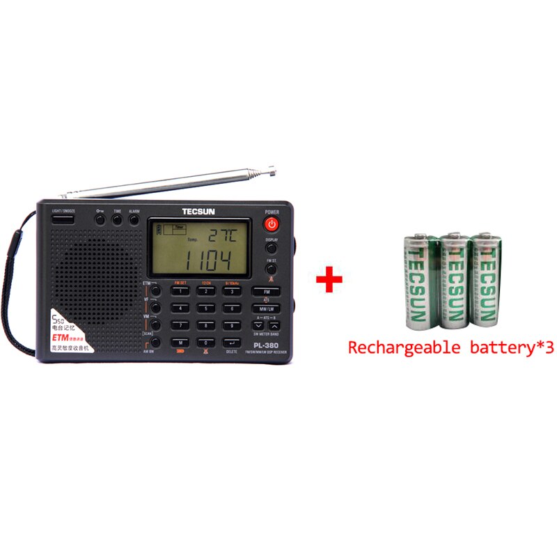 Tecsun pl -380 dsp pll fm mw sw lw digital stereo radio världsbandsmottagare radio bärbar fullband stereo liten radio: Svart och batteri