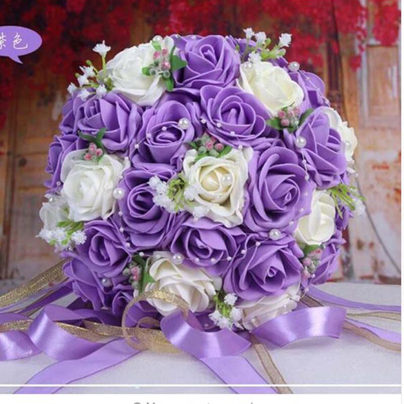 Mooie Handgemaakte Bloemen Decoratieve Kunstmatige Rose Bloemen Parels Bruid Bridal Lace Accenten Bruidsboeketten met Lint