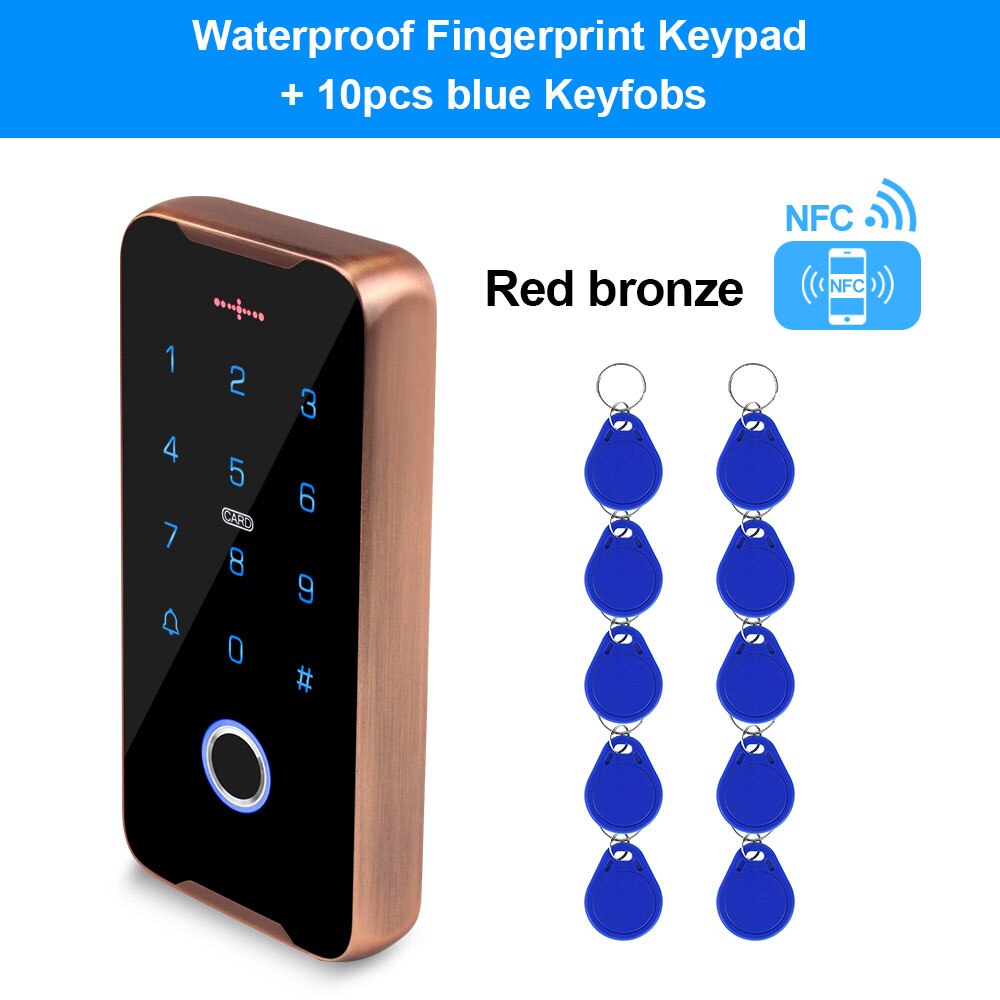 Mobile Phone NFC Access Control Keypad RFID Keyboard Access Controller System Fingerprint IP68 Waterproof 13.56MHz Card Reader: Red with 10 Keys