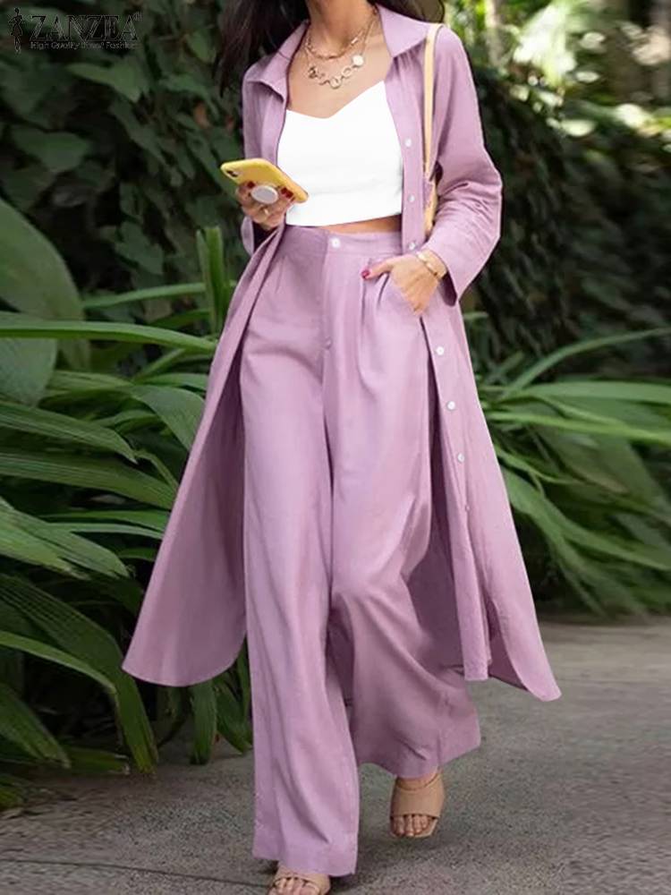ZANZEA Women Autumn Suit Casual Long Sleeve Blouse Wide Leg Pants Sets Long Shirt Female Work OL Outifits: 5XL / Light Purple