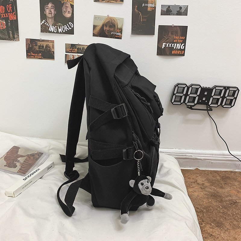 Mochila negra de estilo Preppy para hombre y mujer, morral de nailon impermeable con múltiples bolsillos, bolso de hombro para adolescentes