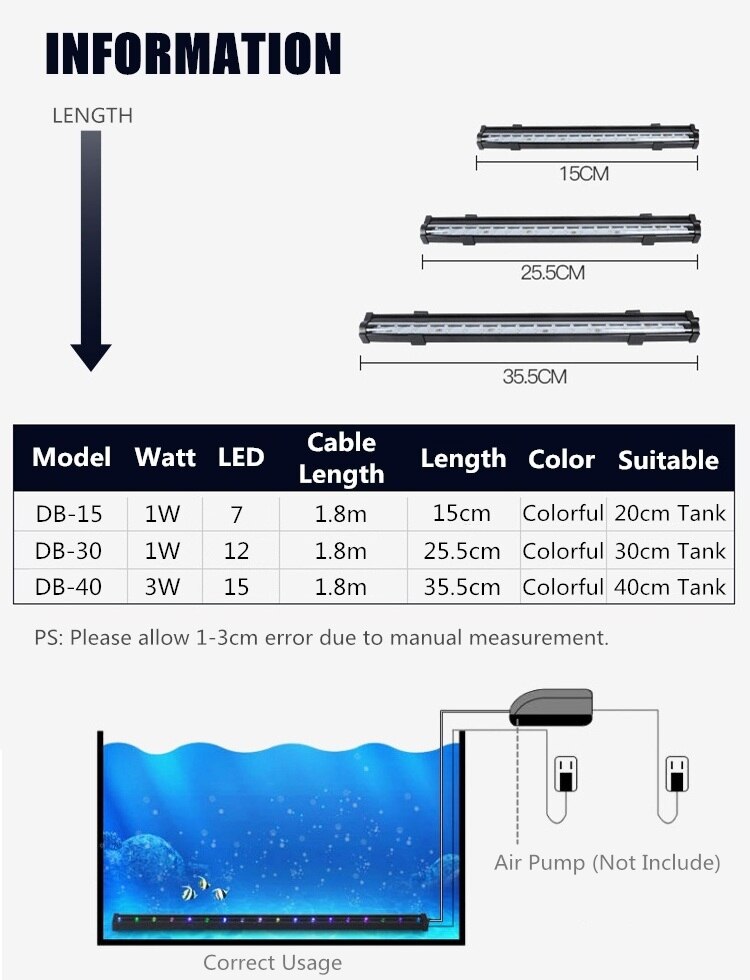 Fita de luz led para aquário, lâmpada à prova d&#39;água para tanque de peixes, 15/26/36cm, tomada ue/eua
