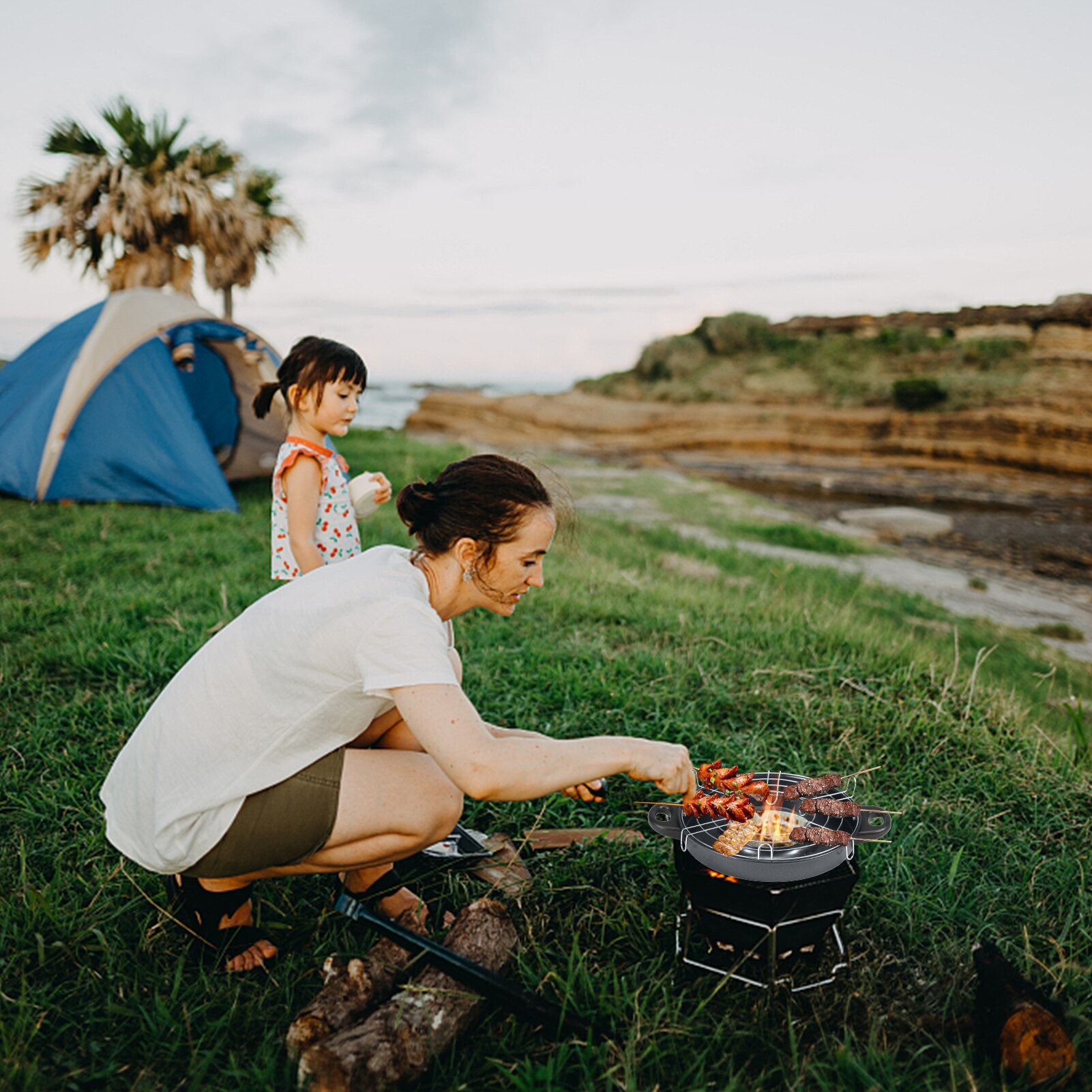 Dual Purpose Barbecue Grill Pan Frypan BBQ Grills Round Pan for Camping Hiking Backpacking Barbecue Tool