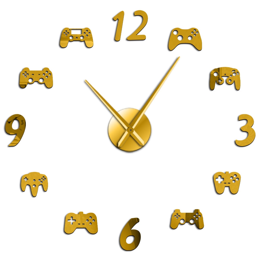 Video Game Controllers Diy Grote Wandklok Game Room Decor Modern Freamless Giant Wandklok Game Jongens Kamer Muur horloge: Gold / 47 Inch