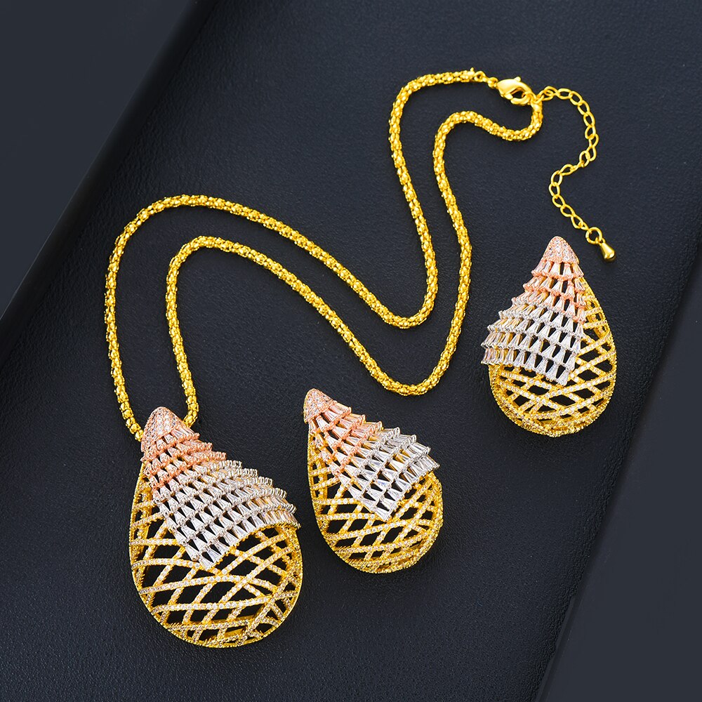 Godki luxe dubai grote holle oorbellen ketting voor vrouwen nobal bridal wedding kubieke zirkonia sieradenset