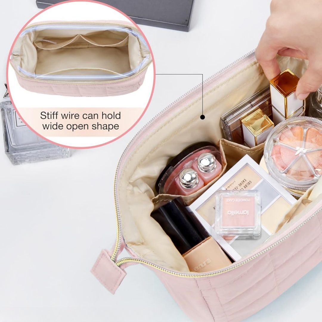 Makeup Bag Travel Toiletry Bag, Puffy Padded Make Up Bags for Women Makeup Organizer Case, Wide-open Pouch Purse Travel Essentia