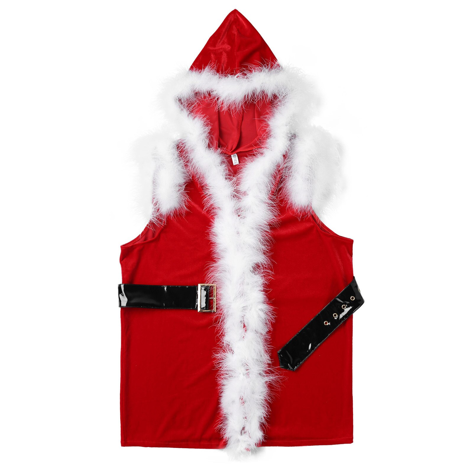 Men Red Soft Velvet Hooded Vest Waistcoat Sleeveless Faux Fur Trim Christmas Costume Party Santa Claus Cosplay Dress Up