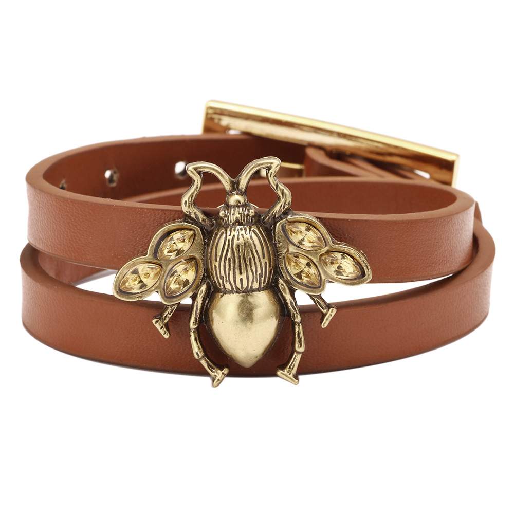 Kirykle Cute bee women bracelet Adjustable leather bracelet Charm Gold Alloy set zircon bee bracelet Femme Party Jewelry: KR1110-4