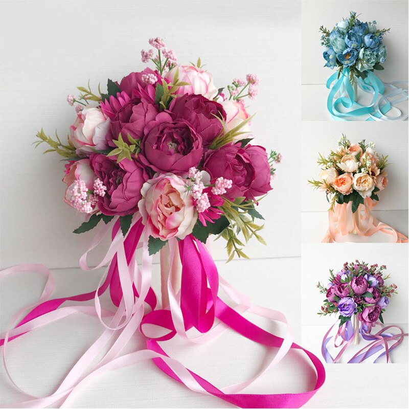 Rosa blå lila bröllop blommor bukett handgjorda konstgjorda blommor pion brudtärna brudbukett mariage bröllop dekorationer