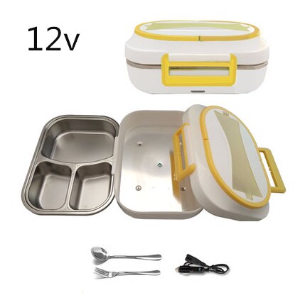 12V 24V 220V 1L Household Car Electric Heating Box With Stainless Steel Inner Mini Portable Electric Multi Cooker: yellow 12V