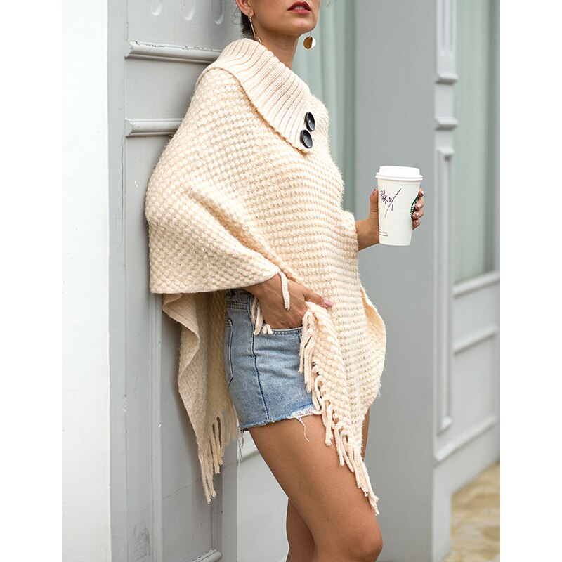 Winter Gebreide Poncho Capes Kwasten Effen Sjaal Trui Poncho Jas Onregelmatige Lange Mouwen Vrouwelijke Capes