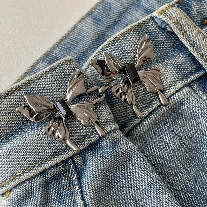 Botón de cintura con lazo para apretar, hebilla de cintura ajustable en forma de estrella y flor, sin costura, broche para pantalones, alfileres de fijación para pantalones vaqueros reutilizables: Verde esmeralda / Rodio plateado