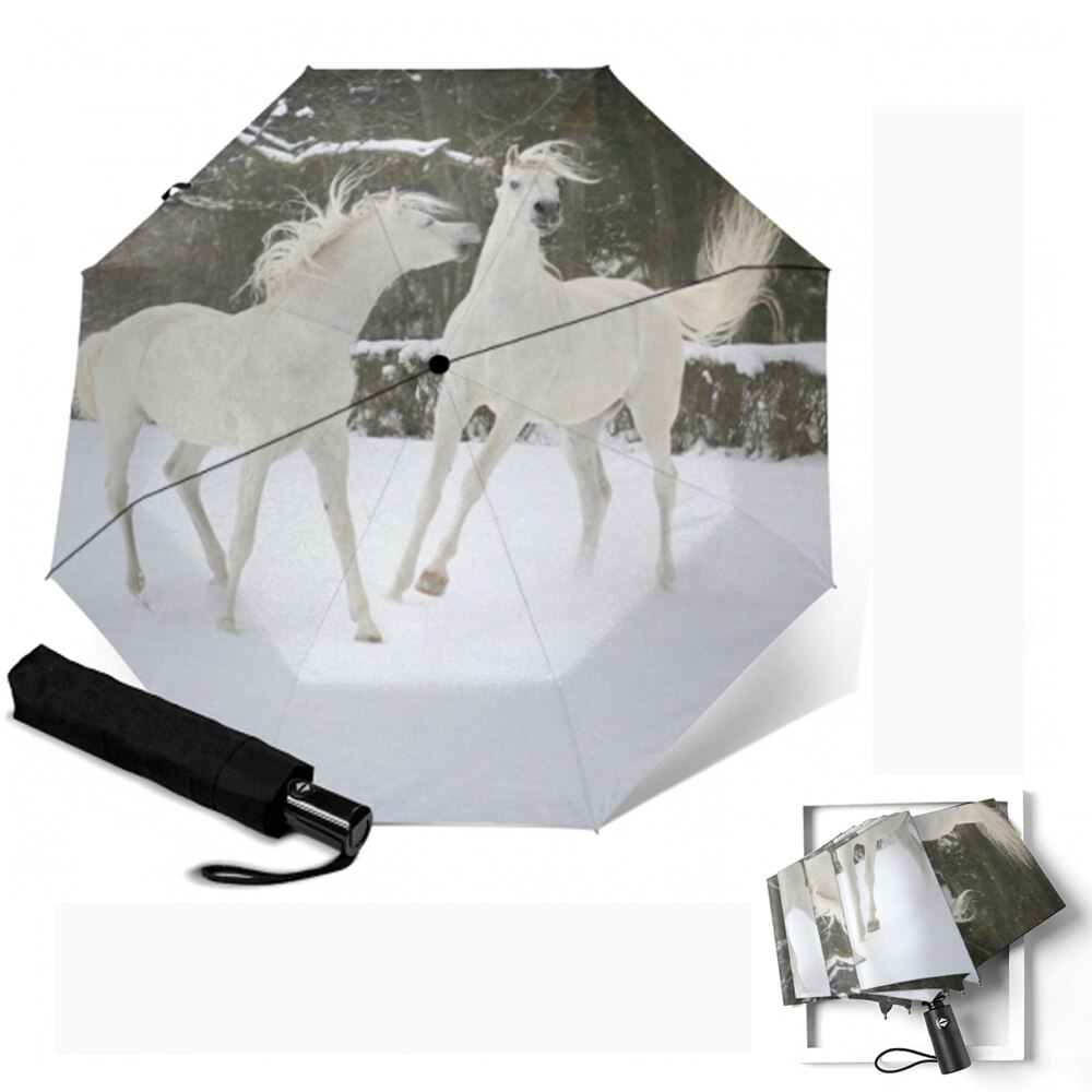 Anti uv drie opvouwbare witte paardenpatroon paraplu dieren schilderij pongee zonnige en regenachtige paraplu's mannen en vrouwen kunstparasol