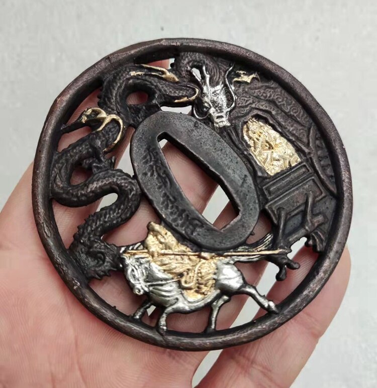 Vintage Sword&#39;s Pure Copper Fitting Gilded Dragon Tsuba Guard Accessories For Japanese Sword Samurai Katana Wakizashi Tachi