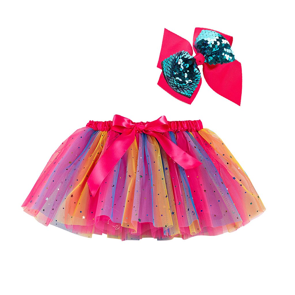 Baby Girls Rainbow Tutu Skirt Party Dance Ballet Splice Sequin Rainbow Tulle Kids Girls Mini Skirt Bow Hairpin falda de tul: Hot Pink / S