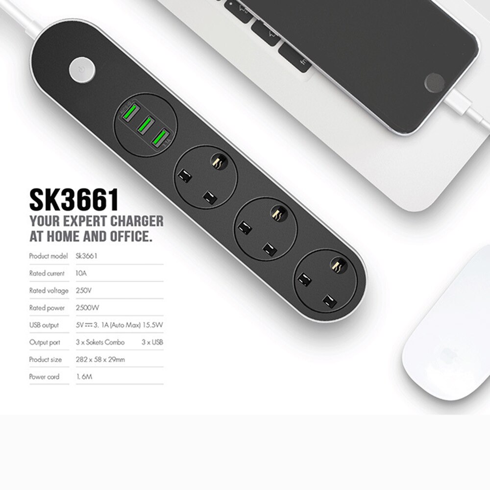 Power Strip Surge Protector UK Plug Socket Multiple Outlet Extension 3 Way Outlets with 3 USB Smart Charger Adapter with 2m Cord