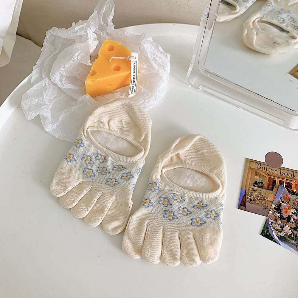 Calcetines de cinco dedos con personalidad para mujer y niña, medias elásticas invisibles antideslizantes con dibujos animados y flores: E