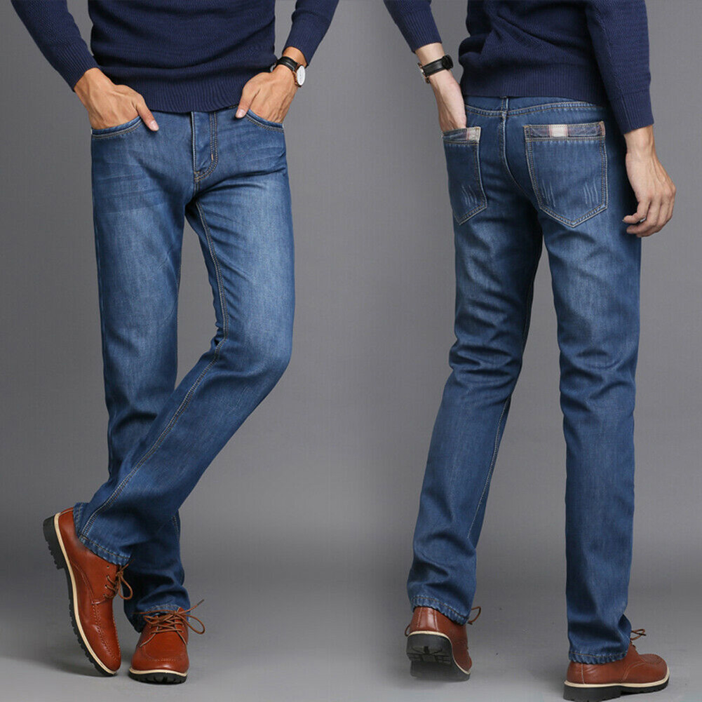 Men Winter Thermal Jeans Fleeced Lined Denim Long Pants Casual Warm Trousers for Office Travel SSA-19ING: light blue / 34