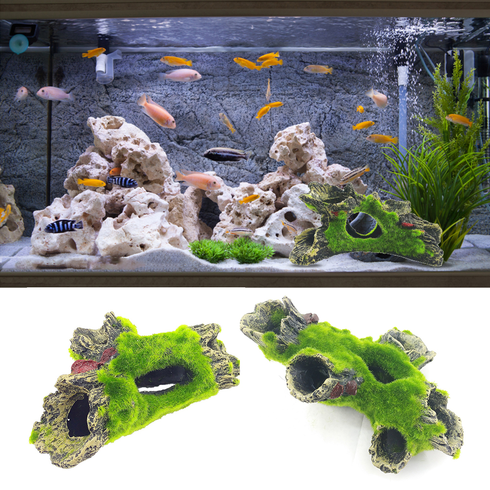 Simulador de decoración de Acuario, tronco hueco de resina, casa de árbol, cueva de agujero de musgo para pecera, adorno de decoración submarino de resina