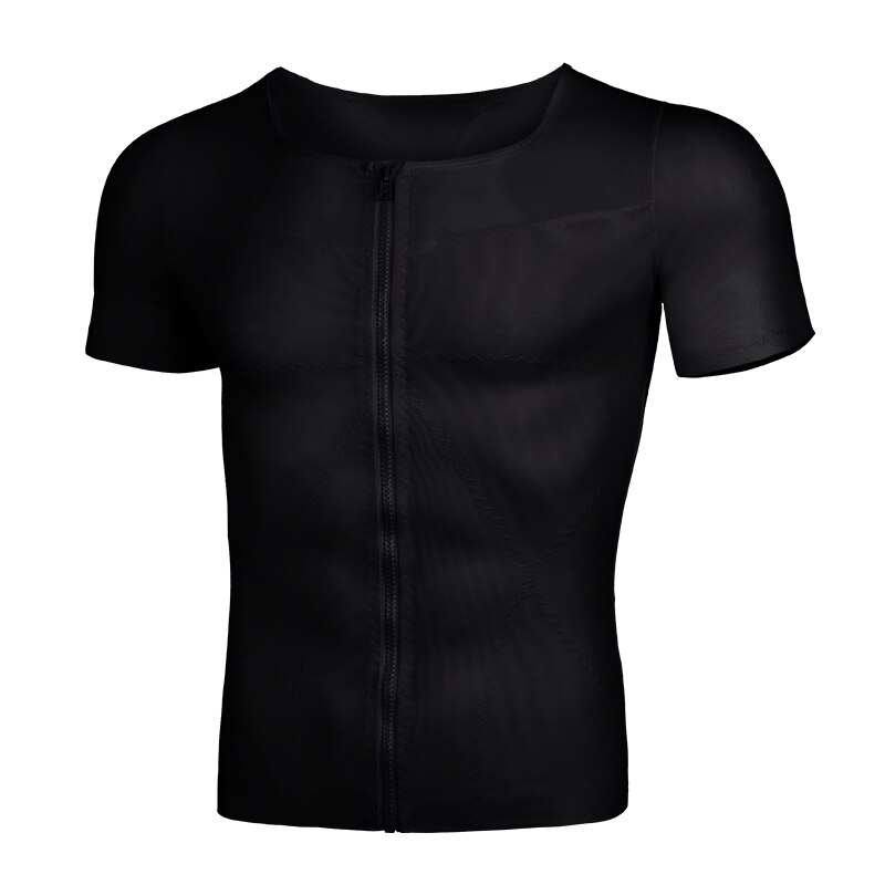 Breathable Zipper High Elastic Pressure Tight Waistband With Mesh For Invisible Shaping Short Sleeves: BLACK / XXL