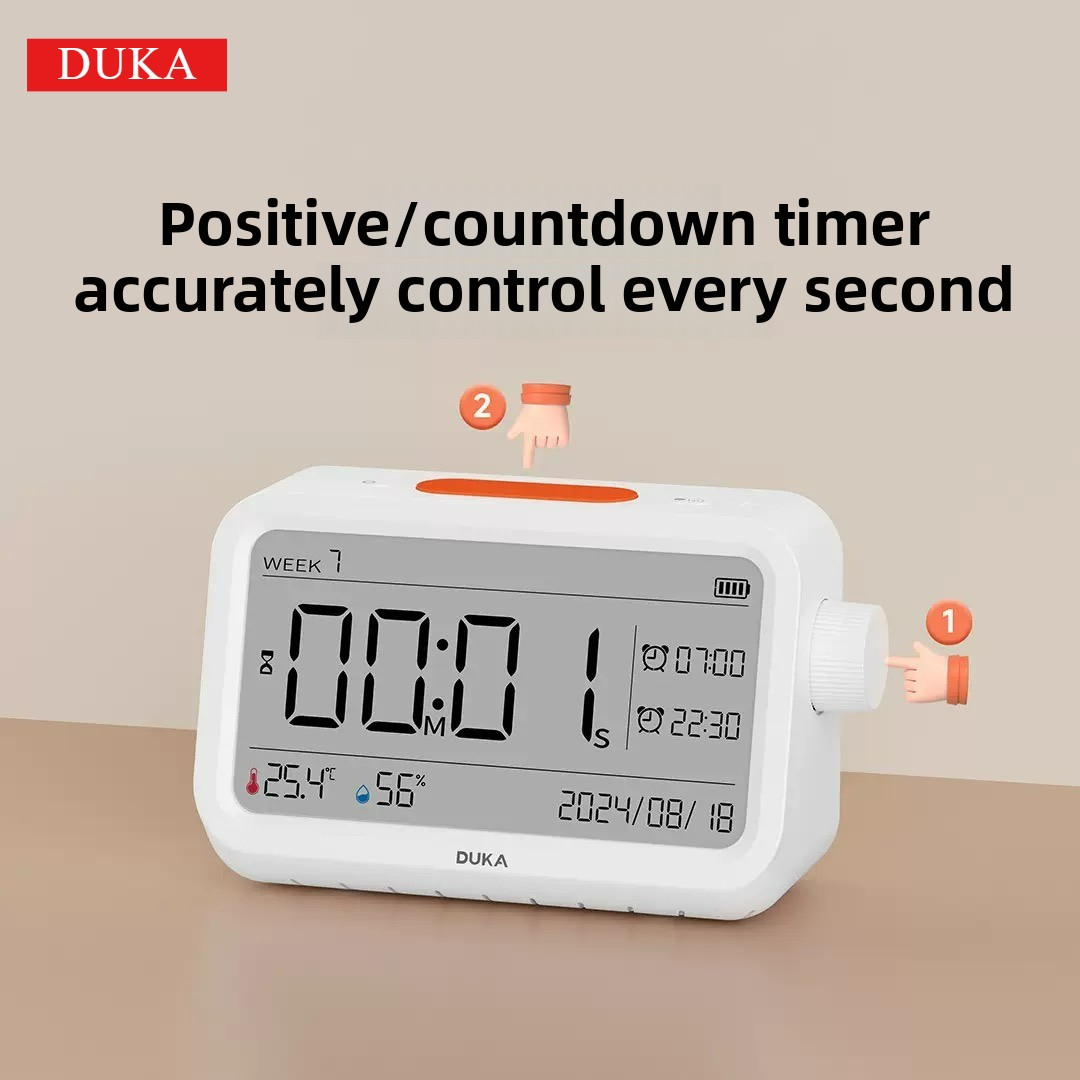 DUKA MT2 digitale klok, thermometer, vochtigheidsmeter, sensor, tijd, kalender, desktop multifunctionele klok met nachtlampje