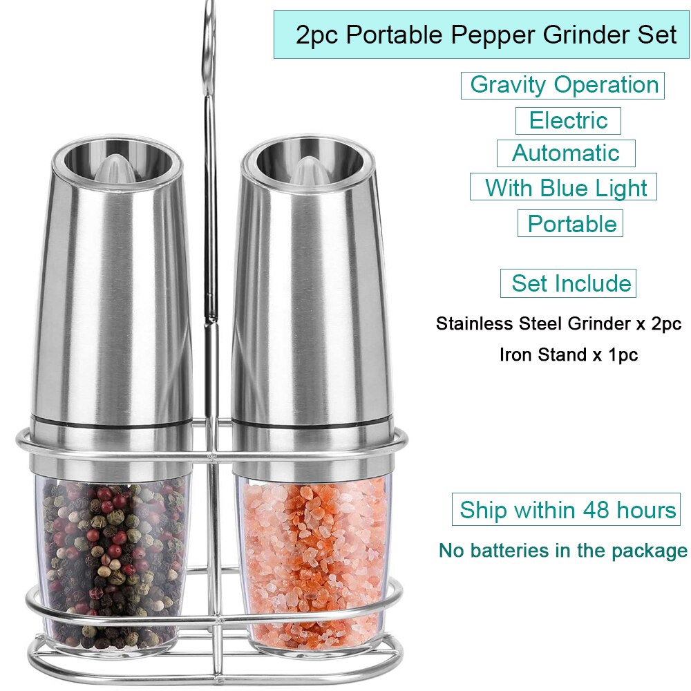 2Pcs Zwaartekracht Elektrische Zout En Peper Molen Automatische Pepermolen Led Licht Spice Kruid Batterij Keuken Gadgets Zwart En slive: Sliver 2pc Stand