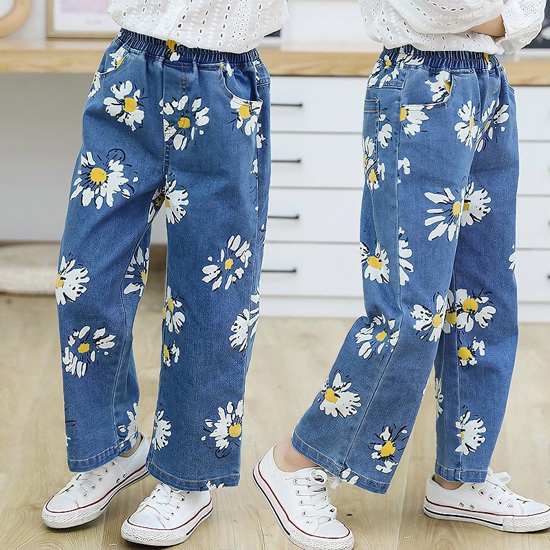 2021 primavera autunno bambini ragazze Jeans stampa floreale Jeans pantaloni gamba larga ragazze moda ragazze pantaloni bambini vestiti Casual per ragazze