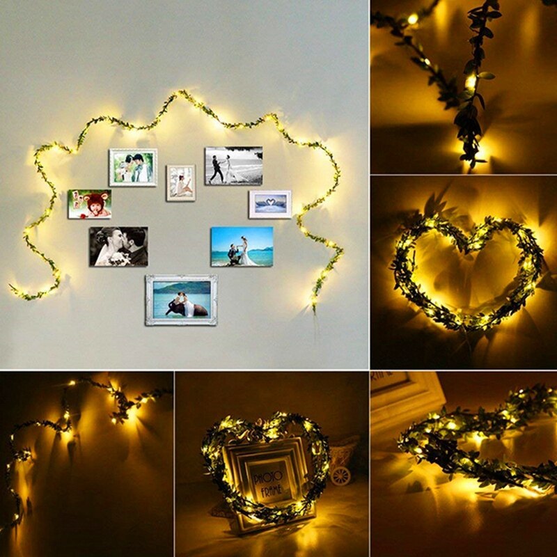 Groene bladeren guirlande lichtslinger met led, flexibele koperen kunstmatige bladeren en wijnranken voor kerstdecoratie voor bruiloften en feesten