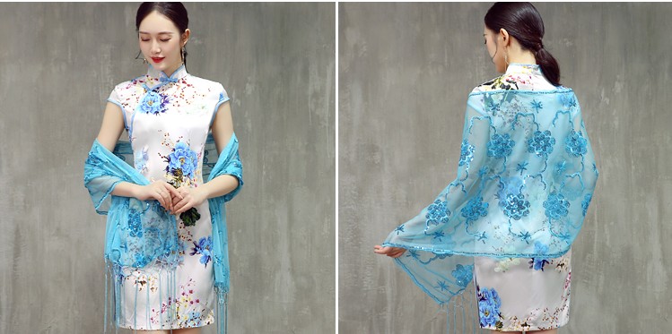 Kvinder cheongsam rød guldblå aftenomslag sjal paljetter blonder wrap med lang kvast formel bryllupsfest damer bolero