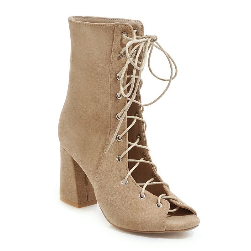 Morazora kvinnor ankelboots kors bundna peep toe sommarstövlar fyrkantiga högklackade stövlar klänning skor kvinna: Aprikos / 12