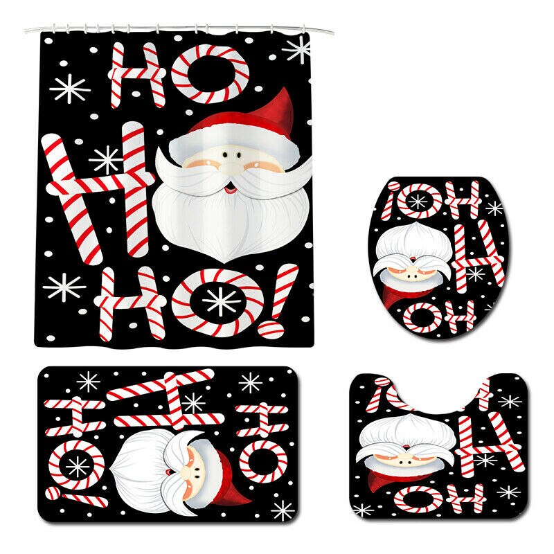 Christmas 4pcs Bathroom Shower Curtain Set Printed Santa Claus Bath Water Absorbing Toilet Polyester Cover Mat Home Decor