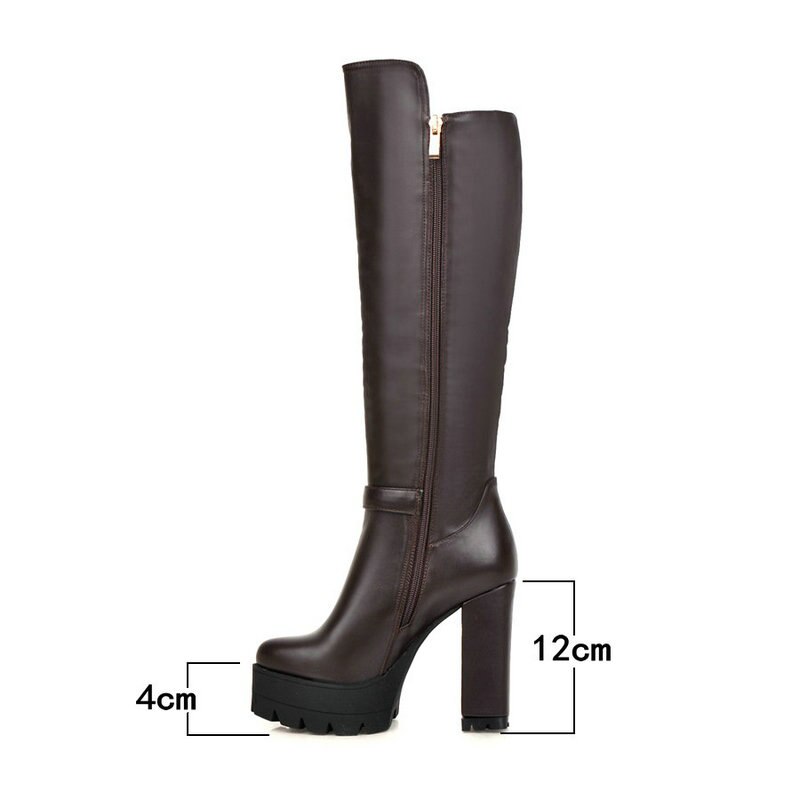 Platform Knee High Boots Women Square High Heel Long Boots Woman Pu Leather Shoes Autumn Winter Size 34-43