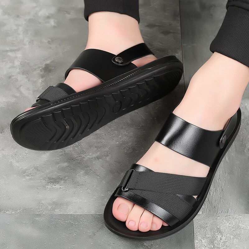 Yomior sommer blødt læder mænd sko afslappet lejligheder slip-on komfortable herre sandaler strand arbejde klipklapper hjemmesko sort blå