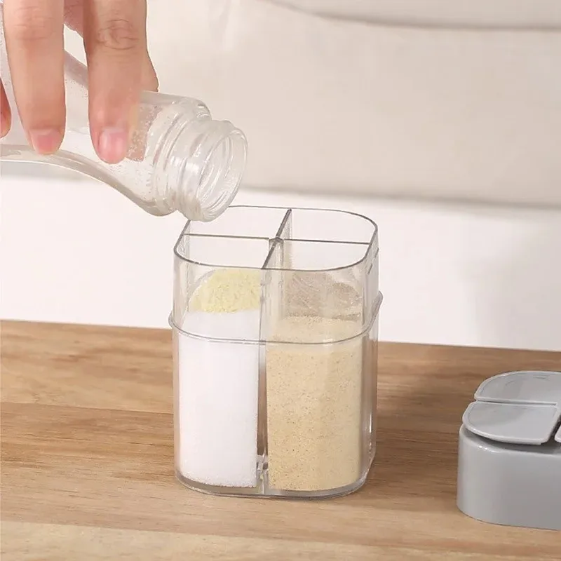 4-in-1 Plastic Transparent Salt Pepper Shaker Spice Dispenser 4 Compartment BBQ Camping Seasoning Jar with Lids for Cooking