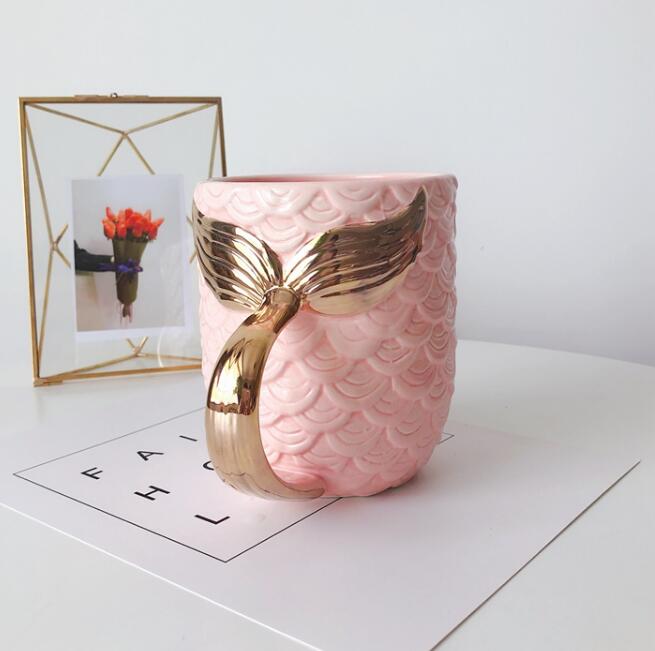 Skjønnhet havfrue håndtak stor kapasitet te melk kopp perle glasur måke kaffekopp drinkware 300ml: Rosa