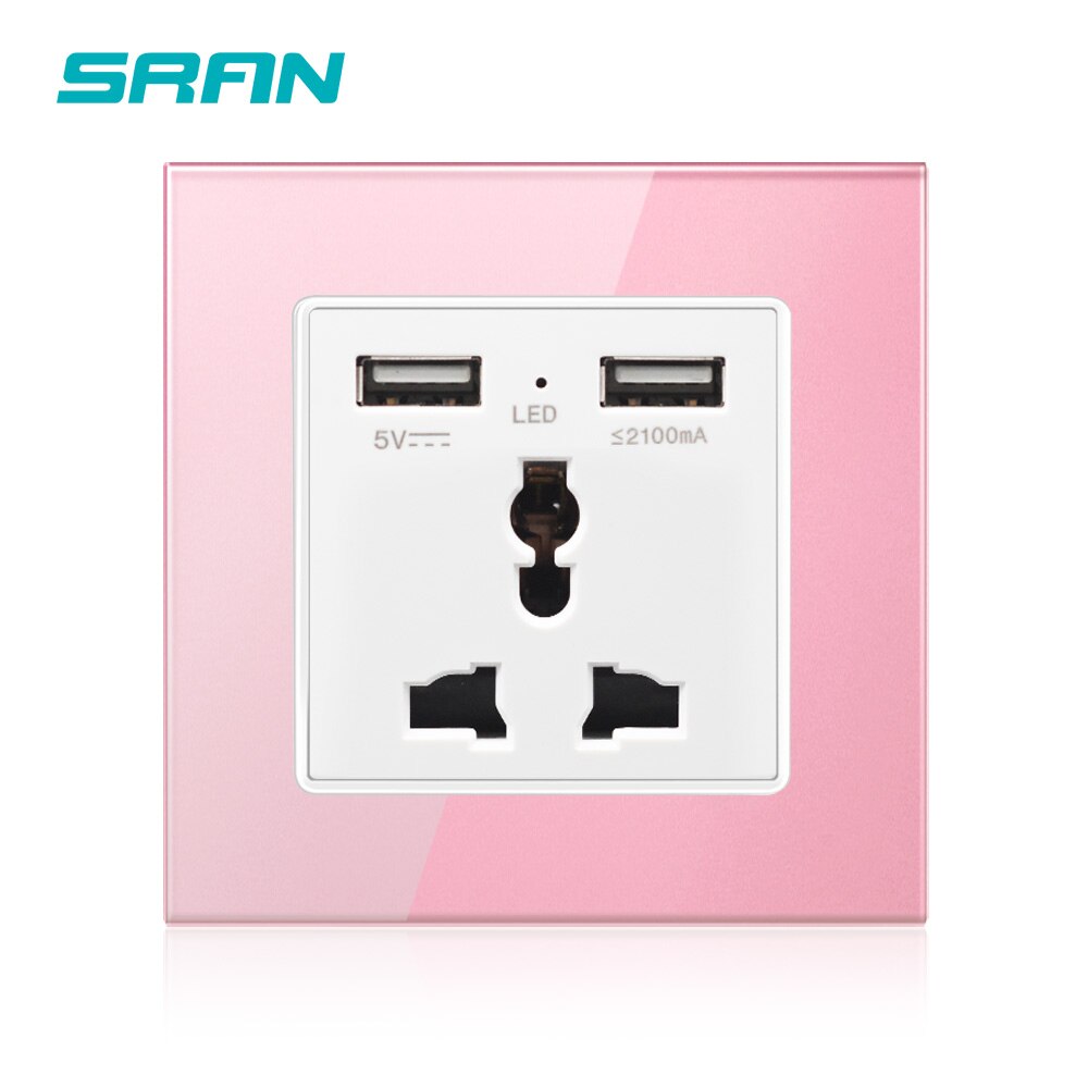 SRAN 3 pin universal power socket with USB,dual usb output 5V 2.1A Crystal glass panel 86mm*86mm white/black wall socket