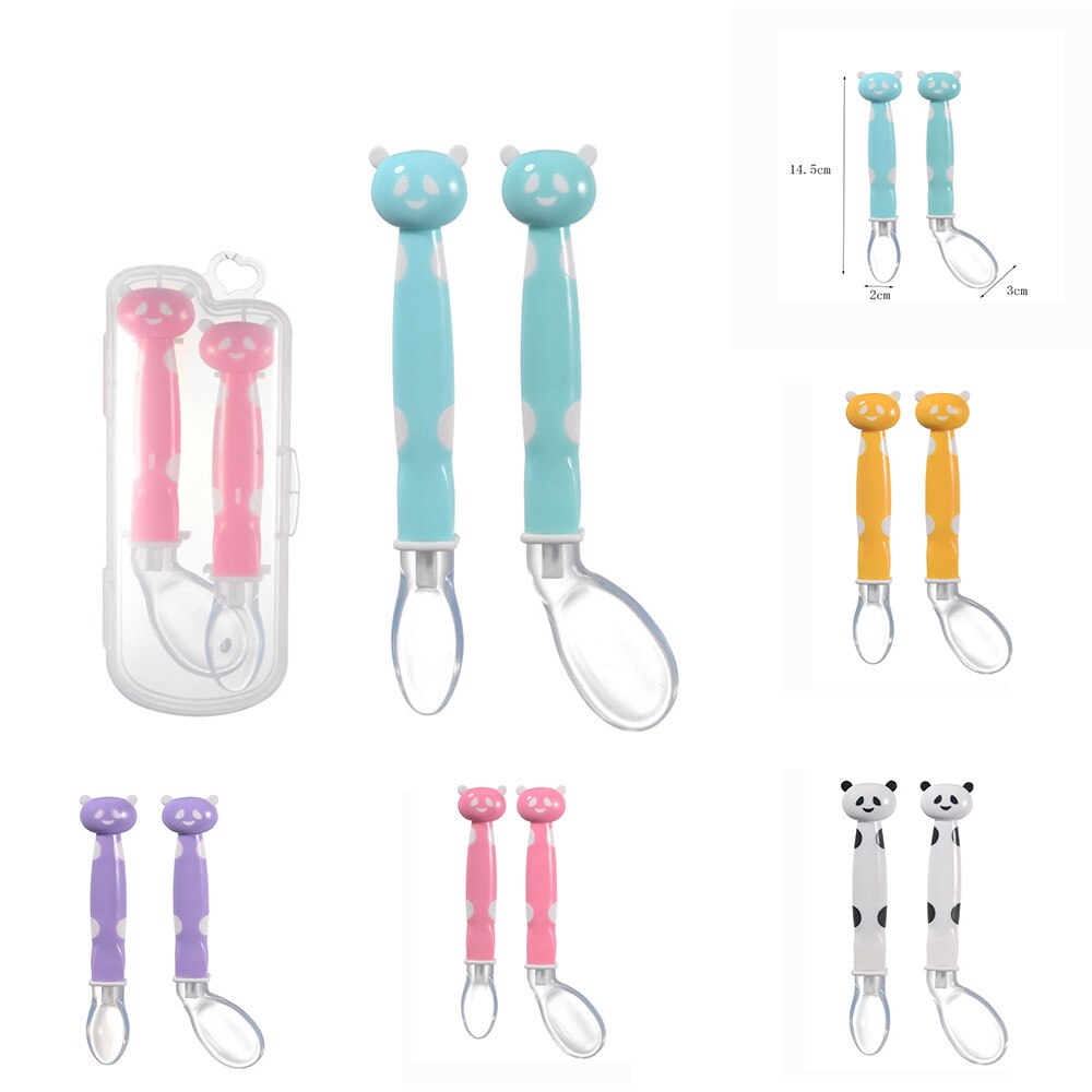 Cuchara de silicona suave para la alimentación para bebé vajilla con dibujos animados de Panda cucharas platos utensilios infantiles cucharas de aprendizaje 2 unids/set