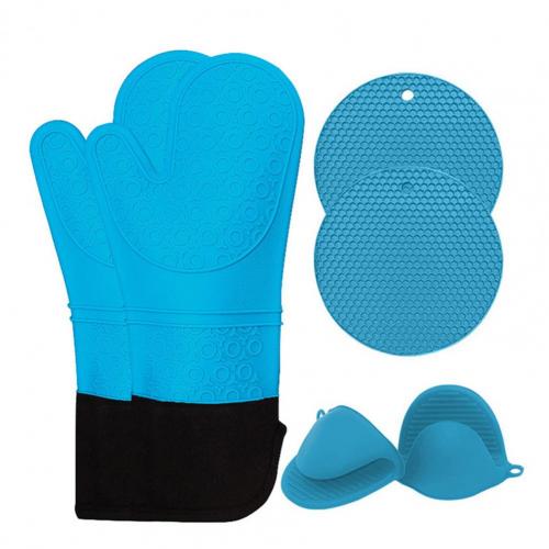 5Pcs/Set Oven Mitts Flexible Heat Insulation Silicone Extra Long Mittens Gloves Pot Holders Placemat for Kitchen: Blue