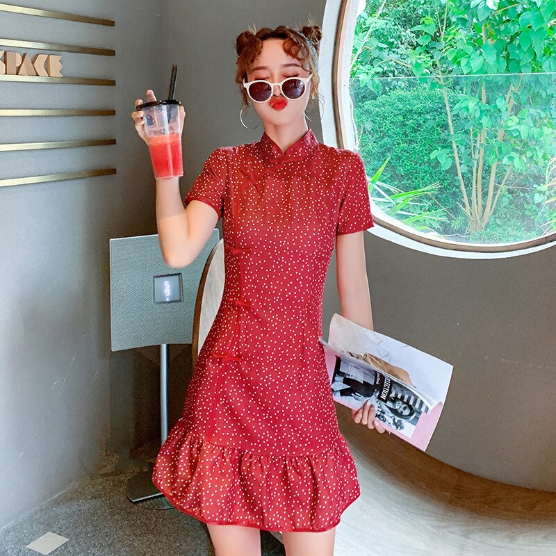 Röda bomulls cheongsam fishtail klänningar elastisk bomull sjöjungfru qipao kortärmad klassisk prick qipao mantel orientale