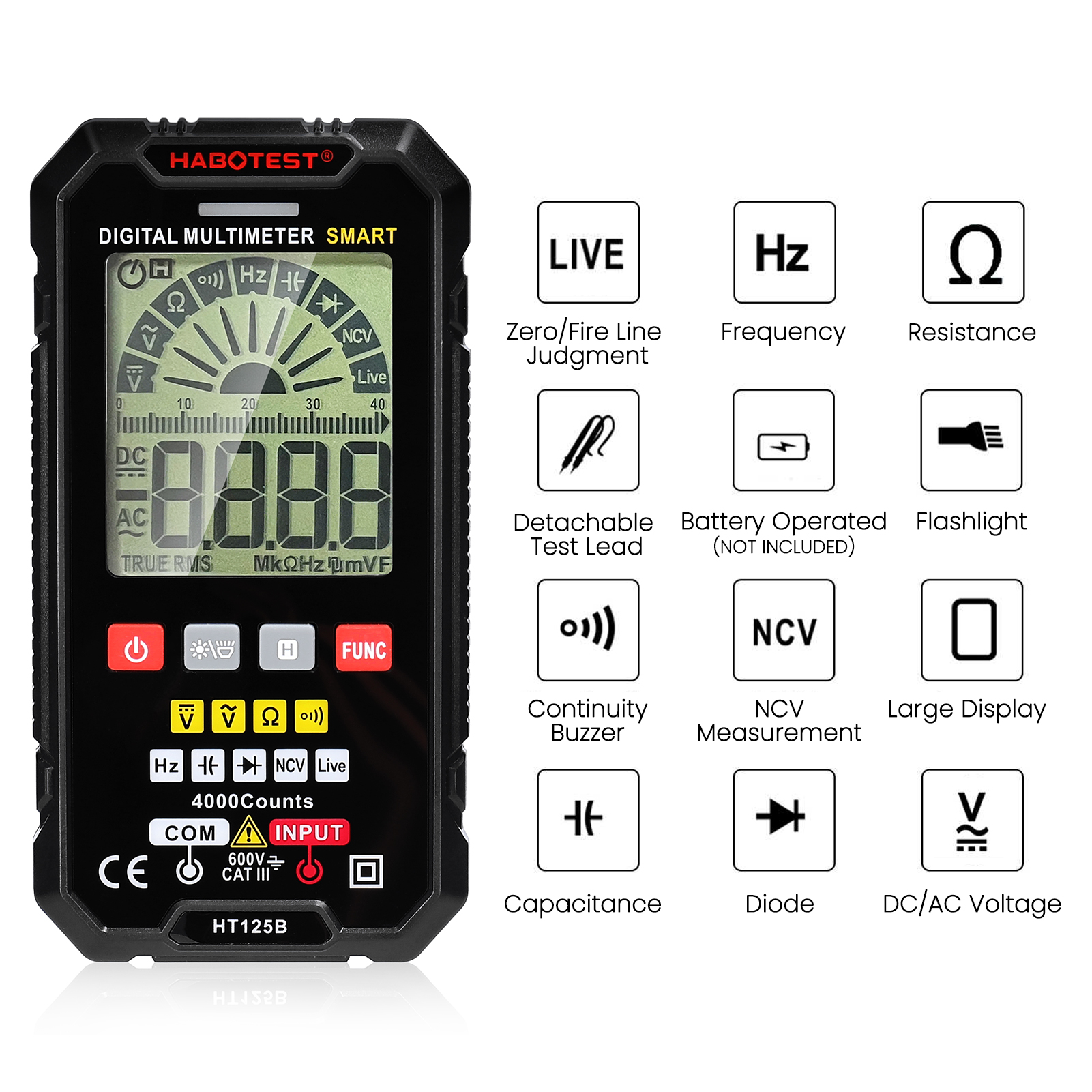 HT125B Smart Digital Multimeter 4000 Counts NCV DC / AC Voltage Resistance Frequency Diode Continuity Capacitance Measurement