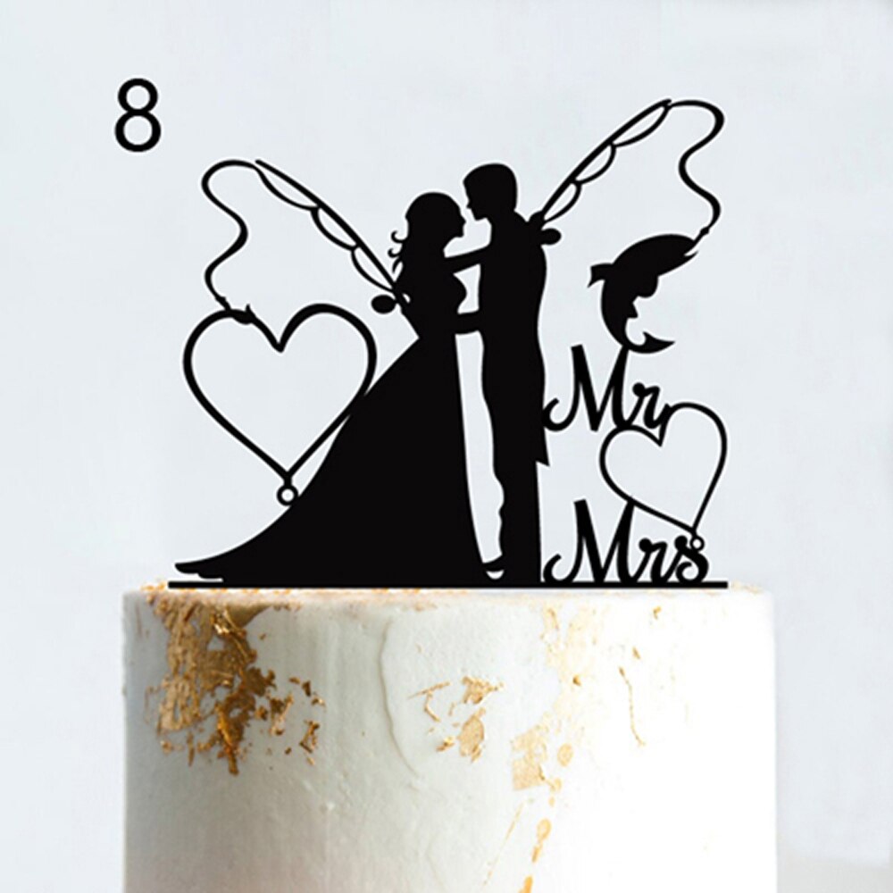 Vissen Stijl Bruidstaart Topper Grappige Mr &amp; Mrs Gelukkige Verjaardag Verslaafd Voor Leven Gelukkig Pensioen Acryl Houten Taart Decoratie