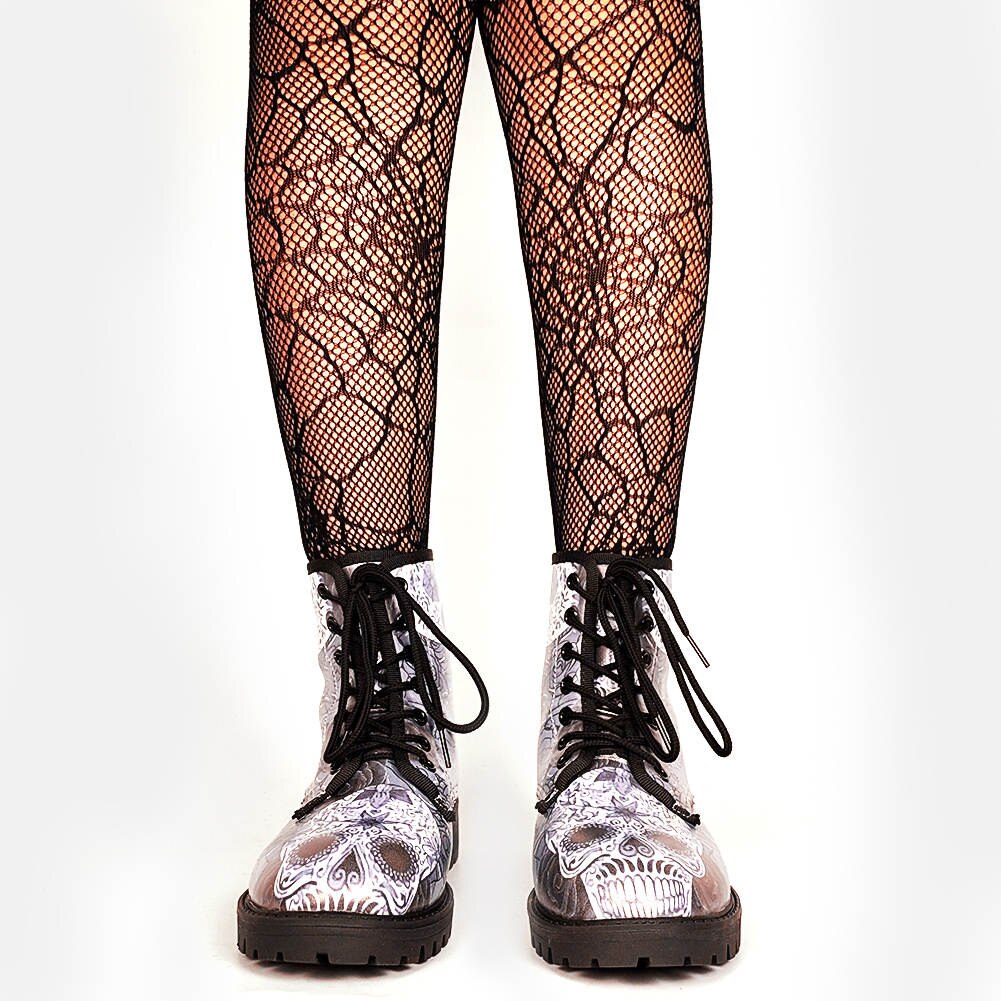 INS Female Skull Punk Motorcycle Boots Lace Up Round Toe Punk Cool Gothic Boots Women Stylish Big Size 43 Shoes Woman