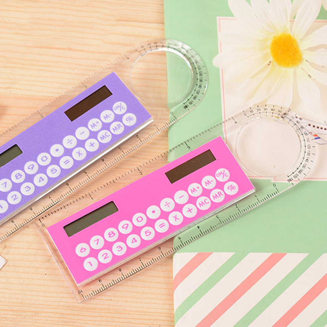 Noyokere solar-mini-taschenrechner lupe multifunktions 10cm ultradünne lineal calculadora bürobedarf zufällige farbe