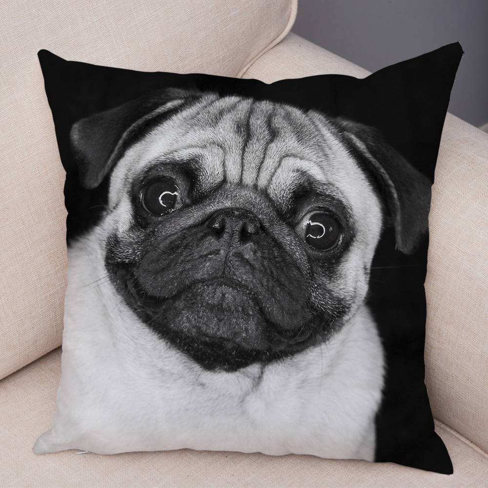 Housse de coussin carlin mignonne, oreiller décoratif imprimé pour animaux de compagnie, pour voiture, canapé, maison, en Polyester